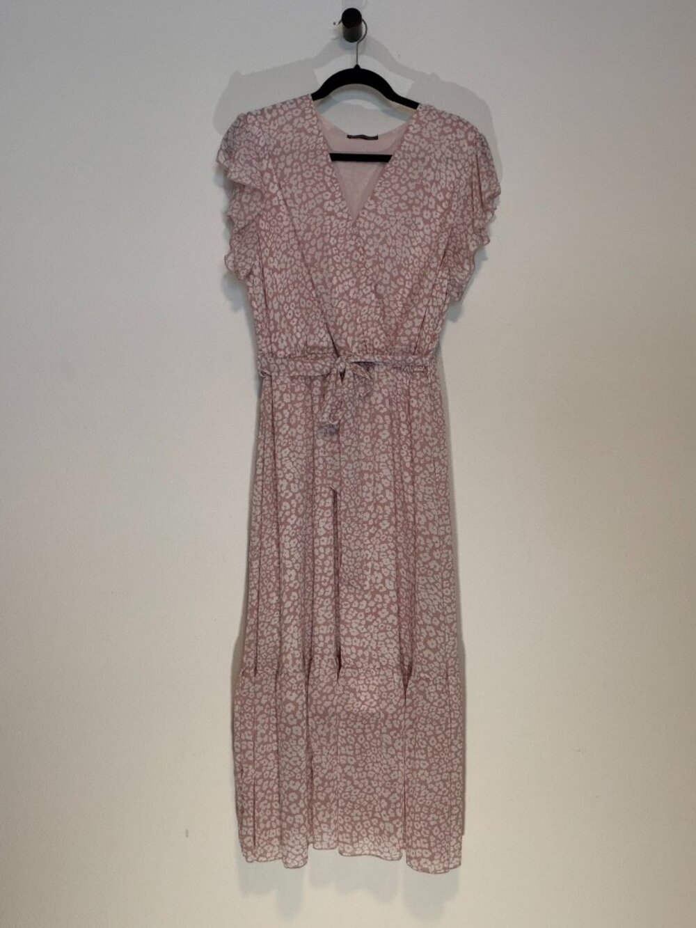 PRETTYGARDEN Pink Leopard Print Ruffle Sleeve Midi Wrap Dress XL - Picture 3 of 10